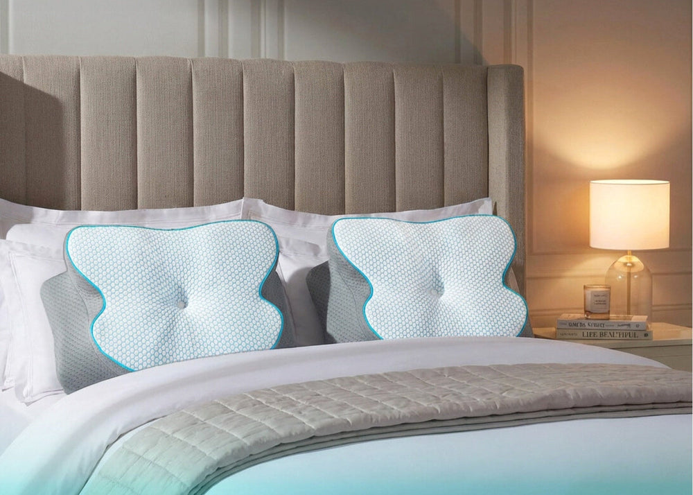 Two orthopaedic neck support pillows on a bed with a lamp in the background.