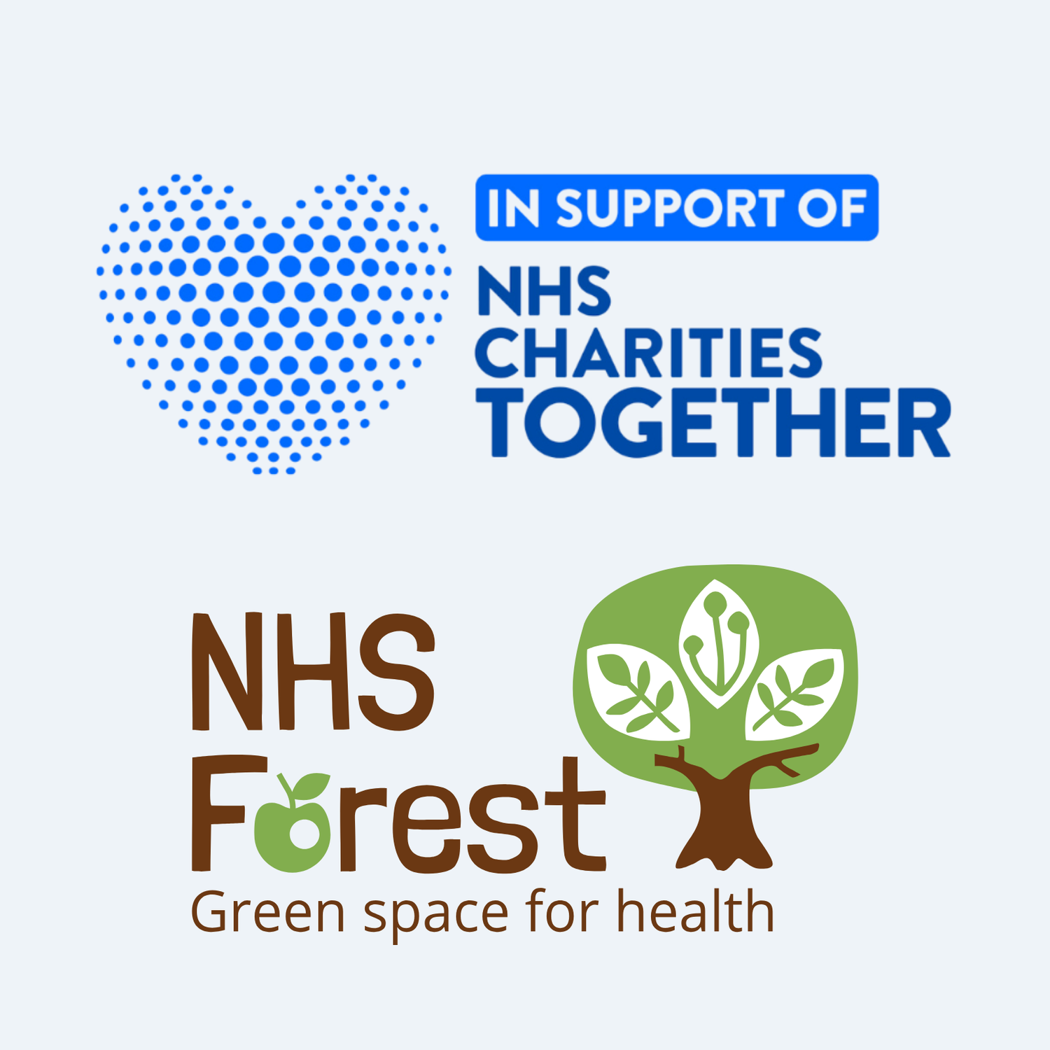 Logos of NHS Charities Together and NHS Forest on a light blue background